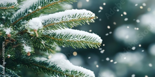 Close up of a snow-covered spruce branch against a soft green winter background with falling snowflakes and ample copy space for seasonal themes photo