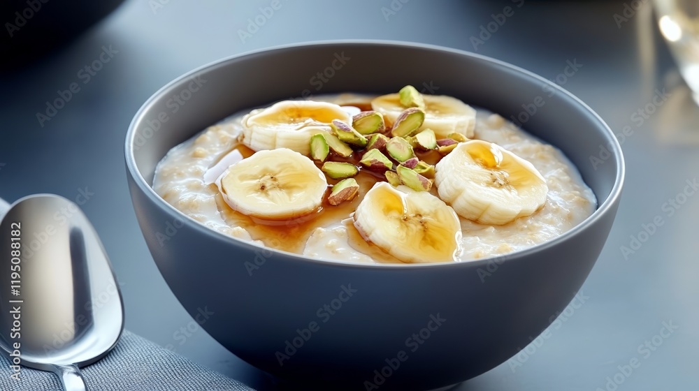 Creamy oatmeal topped with caramelized bananas crushed pistachios and a drizzle of maple syrup served in an elegant stoneware bowl rare elegant cereals gourmet comfort Creamy oatmeal topped with caramelized bananas crushed pistachios and a drizzle of maple syrup served in an elegant stoneware bowl rare elegant cereals gourmet comfort