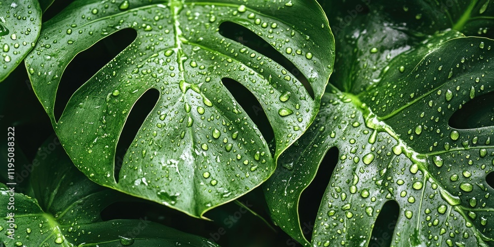 Fototapeta premium Close up of lush green Monstera leaves with vibrant water droplets highlighting details of tropical houseplant care against a dark background