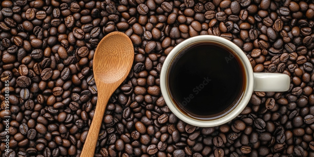 Fototapeta premium Rustic coffee scene featuring a white cup filled with black coffee on dark roasted coffee beans with a wooden spoon on the left
