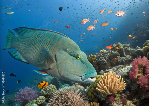 A massive humphead wrasse with a green and blue mosaic-like pattern swimming lazily over a vibrant coral reef photo