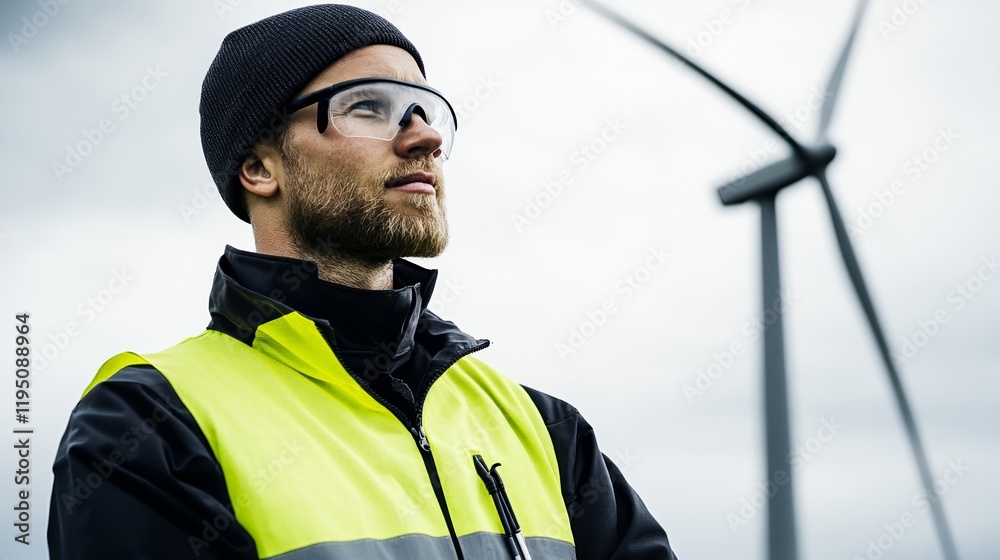 Obraz premium Elegant A close up of a wind turbine blade being inspected by a worker wearing safety gear rare wind turbines maintenance action