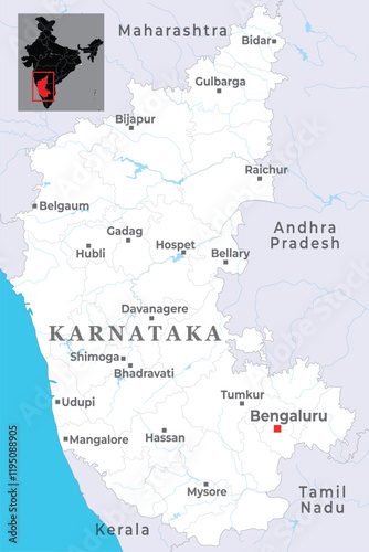 Karnataka district map with capital Bengaluru, marked most important cities, state of India