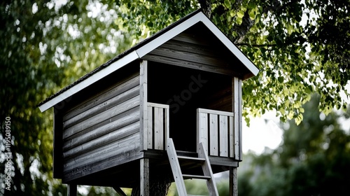 Elegant A cozy treehouse built from old wooden planks with a rope ladder and kids waving from the top rare childhood memories secret hideout 