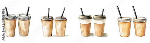 Watercolor set of paper cups with coffee and a straw. The cups are brown, have lids and each of them has a black straw. Coffee on the go concept.