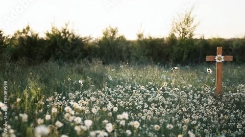 Serene Wooden Cross Adorned with Daisies in a Lush Green Field at Sunset - A Symbol of Peace and Remembrance