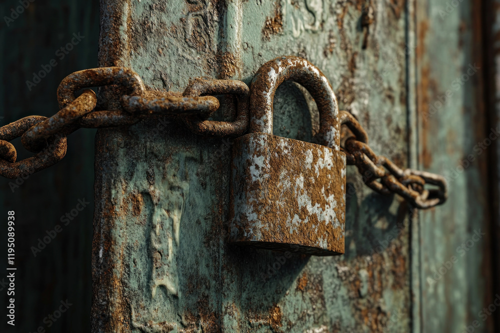Old rusty lock on wooden door, weathered with age and neglect, set against peeling paint and textures of wood grain. Old rusty lock on wooden door, weathered with age and neglect, set against peeling paint and textures of wood grain.