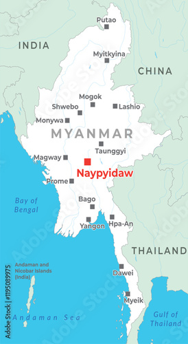 Slika na platnu Myanmar map with capital Naypyidaw, most important cities and national borders