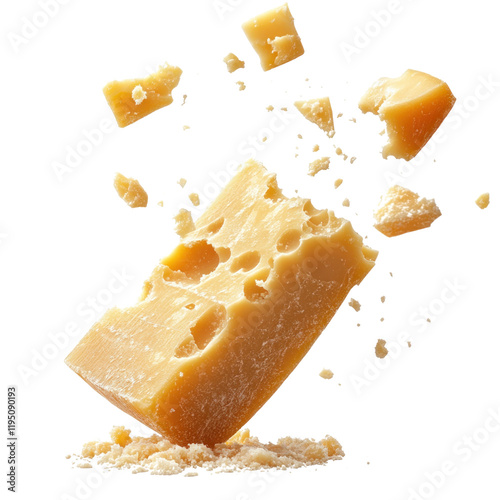  cheese in flight among many small pieces and cheese crumbles