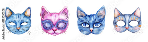 Set of watercolor cat masks in cartoon style on white isolated background. Cute cartoon cat masks for children. Vector illustration.