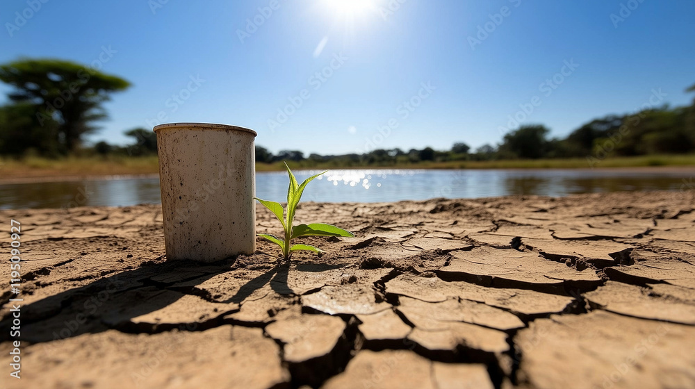 Fototapeta premium A cracked dry earth landscape with a single empty water can under the scorching sun, conveying desperation.