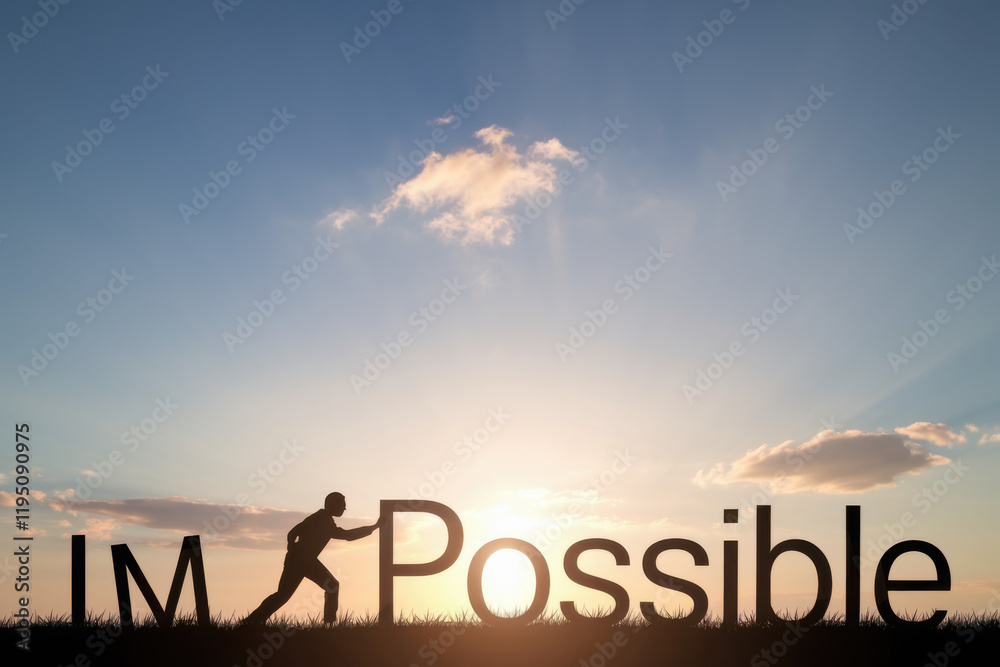 Silhouette businessman pushing alphabet for change impossible to possible , Positive thinking mindset concept