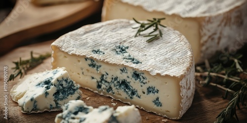 Closeup of creamy dorblu cheese with blue marbling on a rustic wooden board garnished with fresh thyme in soft natural light photo