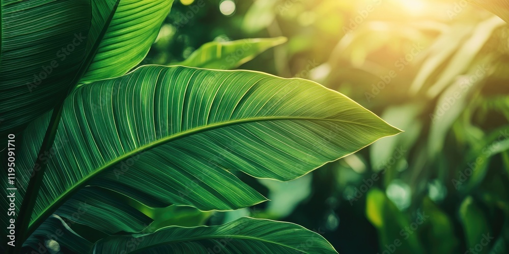 Obraz premium Closeup of a vibrant green tropical leaf in the foreground with a soft blurred lush garden background highlighting warm sunlight and ample text space