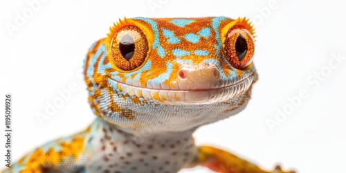 Vibrant close-up of a tokay gecko with blue and orange patterns on a white background showcasing detailed features and ample copy space photo