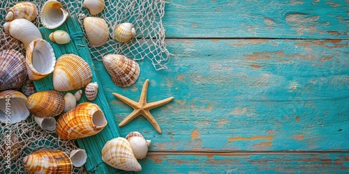 Seashells and starfish arranged on teal wooden background with fishing net highlighting texture and ocean theme in warm natural colors photo