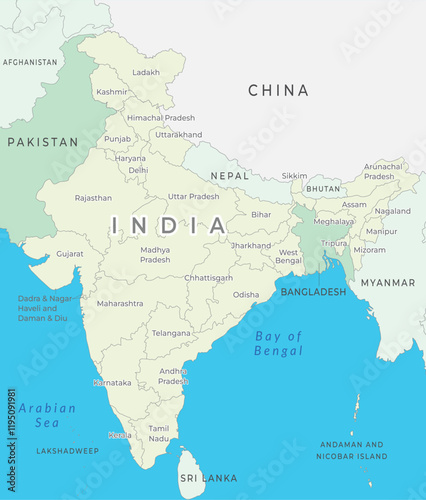 India map state wise marked with state name, highlighting neighbouring countries