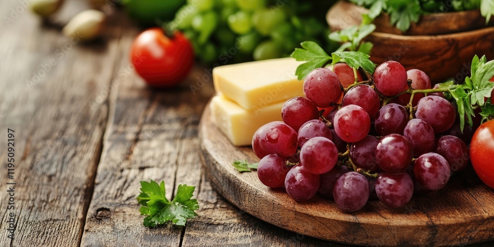 Fresh grapes with cheese, tomatoes, and greens on a rustic wooden backdrop; vibrant colors and ample space for text, ideal for health-themed visuals. Fresh grapes with cheese, tomatoes, and greens on a rustic wooden backdrop; vibrant colors and ample space for text, ideal for health-themed visuals.