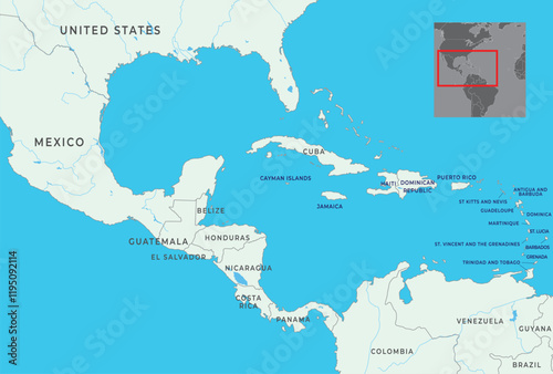 Central America map highlighting countries, borders, and geographical features of the region