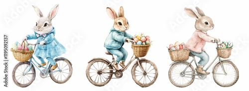 Watercolor set of Easter bunnies on a bicycle. Cute Easter bunnies riding a bicycle with an Easter basket with Easter eggs. Easter concept. Vector illustration.