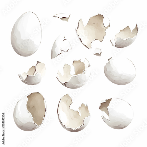 Watercolor eggshell png. Fragments from under the egg. Broken egg concept. Symbol of bird hatching. Easter symbol. Vector illustration.