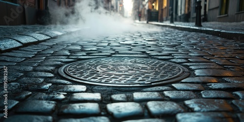 Cobblestone street with a manhole cover in the center surrounded by steam rising against a backdrop of blurred buildings and a chilly atmosphere.