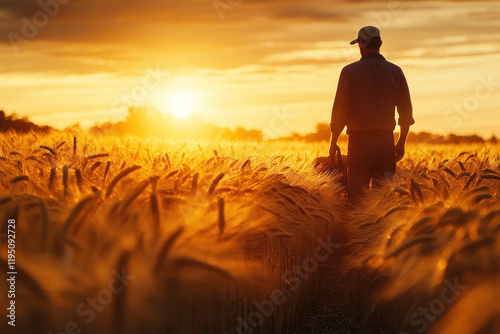 Man standing in wheat field at sunset, gazing at the horizon with a serene expression, surrounded by golden crops under the orange sky.