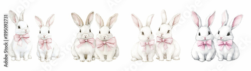 Watercolor set of white bunnies decorated with a pink bow. A pair of white bunnies sitting next to each other. The bunnies have long ears, big eyes and fluffy fur. Easter symbol.