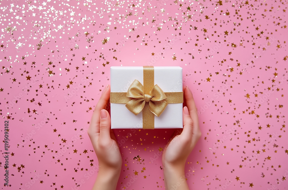 Hands Holding Golden Ribbon Gift Box on Pink Background, Flat Lay Top View, Christmas or Valentine's Day Celebration Concept. Hands Holding Golden Ribbon Gift Box on Pink Background, Flat Lay Top View, Christmas or Valentine's Day Celebration Concept.