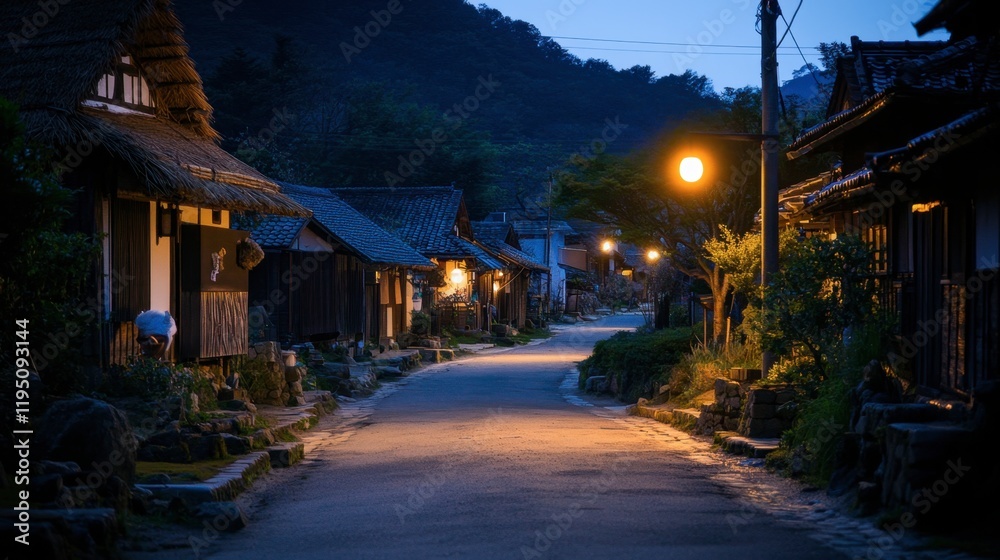 A peaceful evening in Ouchi-juku, with soft lighting illuminating the straw-roofed houses and the quiet streets of the village. A peaceful evening in Ouchi-juku, with soft lighting illuminating the straw-roofed houses and the quiet streets of the village.