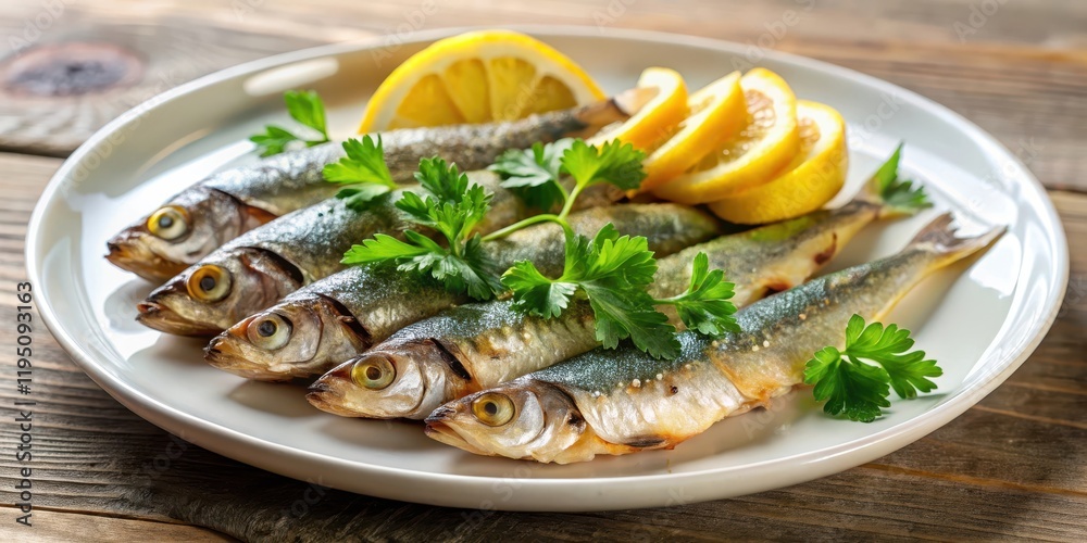 A small serving of cooked sardines on a white plate garnished with lemon wedges and chopped fresh parsley, seafood A small serving of cooked sardines on a white plate garnished with lemon wedges and chopped fresh parsley, seafood