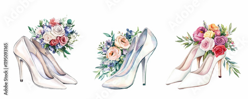 Watercolor set of wedding shoes with heels and flowers. Classic white shoes decorated with flowers on an isolated background. Bride's shoes. Watercolor wedding elements. Vector illustration