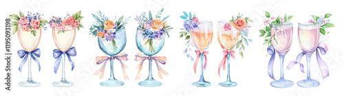Watercolor set of glasses decorated with flowers png. Glass glasses for champagne, wine decorated with flowers and ribbons on an isolated background. Wedding items for the newlyweds. 
