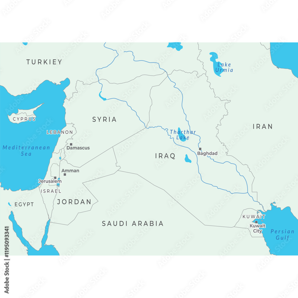Western Asia map highlighting countries, borders, and key regions of the area Western Asia map highlighting countries, borders, and key regions of the area