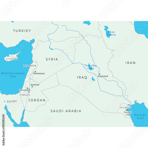 Western Asia map highlighting countries, borders, and key regions of the area