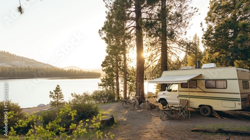 Camping. Vacation. Modern camper van motorhome. Travel. Small house on wheels. White camper van parking on beautiful landscape. Travel and adventure tourism trip concept