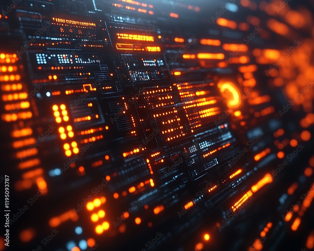 Futuristic digital interface with glowing orange and blue data streams. Futuristic digital interface with glowing orange and blue data streams.