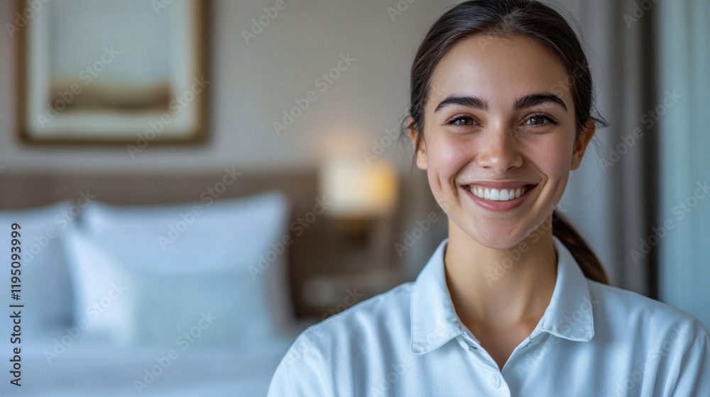 Smiling Housekeeper in Hotel with Fresh Linens