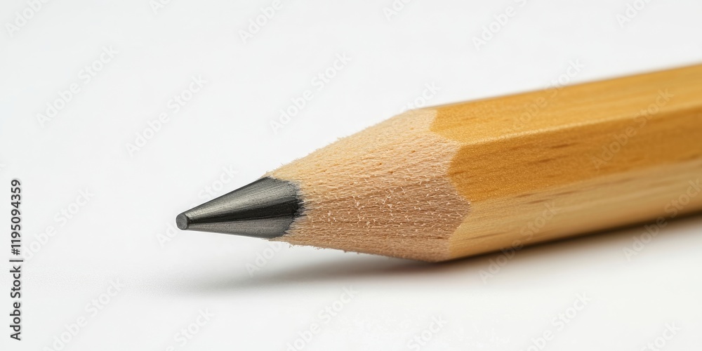 Closeup of a sharpened wooden pencil with a light brown body and graphite tip against a smooth white background highlighting its texture and details Closeup of a sharpened wooden pencil with a light brown body and graphite tip against a smooth white background highlighting its texture and details