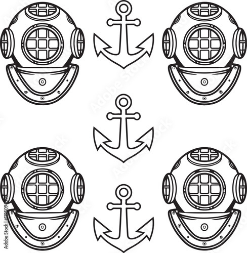 diving helmets and anchors line art