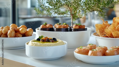 Elegant Easter setup with finger foods served in pastel ramekins featuring hummus pita chips and bite sized chocolate treats rare festive flair  photo