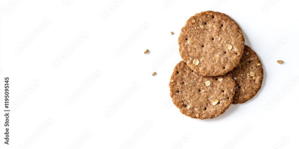 Nutritious whole wheat crackers stacked on a white background with scattered crumbs showcasing their texture and earthy brown color. Nutritious whole wheat crackers stacked on a white background with scattered crumbs showcasing their texture and earthy brown color.