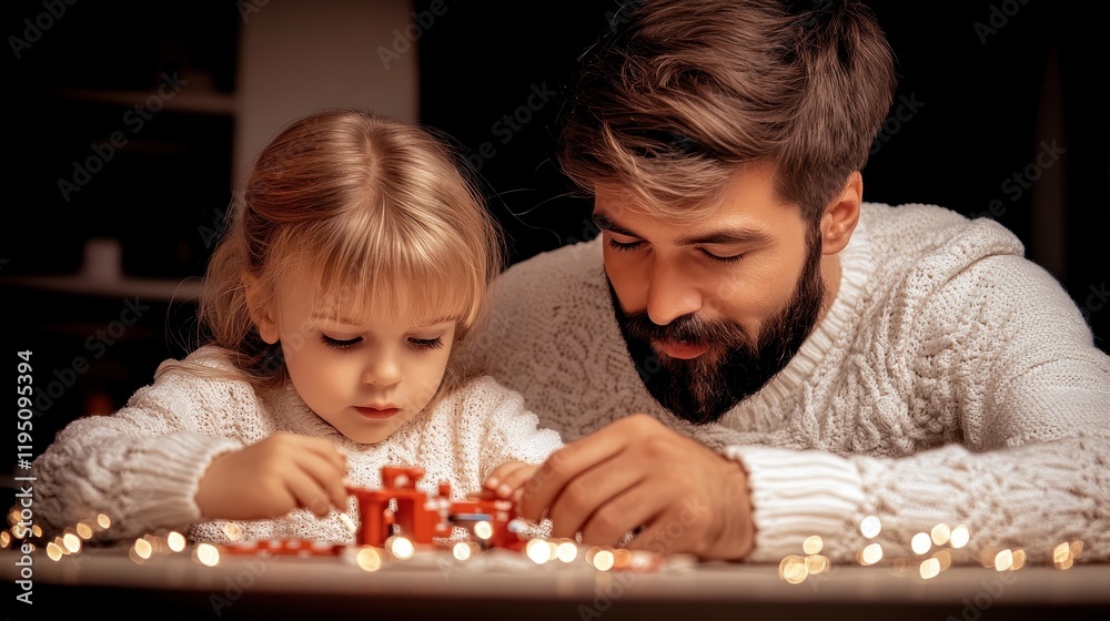 Naklejka premium A Father and Child's Bond Repairing a Broken Toy Together A heartwarming image showcasing the essence of fatherhood, family connection, and supportive parenting This tender moment captures the joy of