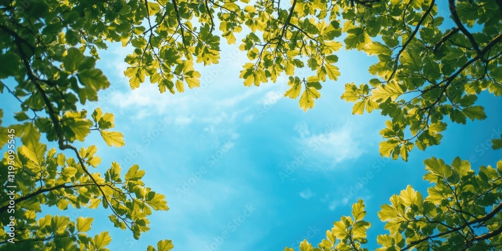 Bright green leaves framing a clear blue sky with scattered clouds, creating a vibrant natural canopy from below, ideal for nature-themed designs. Bright green leaves framing a clear blue sky with scattered clouds, creating a vibrant natural canopy from below, ideal for nature-themed designs.