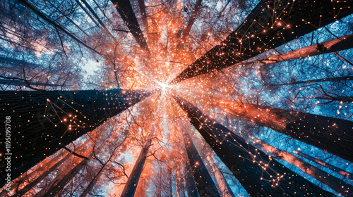 A forest created in digital reality, the creation of futuristic worlds and the concept of technology development