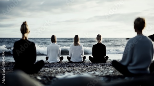 Elegant Group meditating in a circle on a beach at sunset with soft waves crashing in the background rare meditating collective calm 