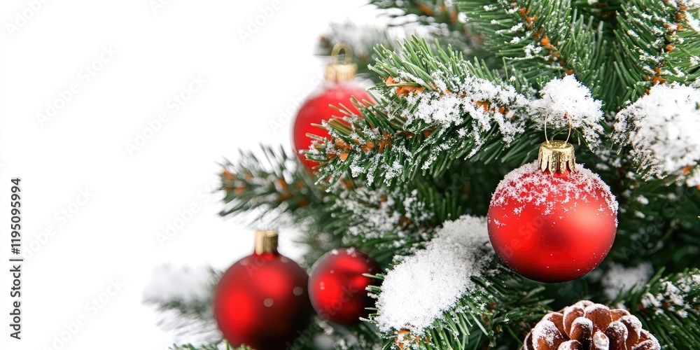 Christmas tree closeup with snow-covered branches red baubles and pinecones on white background emphasizing festive season and holiday spirit Christmas tree closeup with snow-covered branches red baubles and pinecones on white background emphasizing festive season and holiday spirit