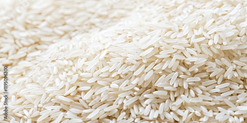 Basmati rice grains in natural unpolished form displayed in a closeup view showcasing their elongated white shape and texture on a light background photo