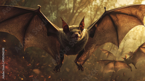 Flying bat hunting in forest. The grey long-eared bat (Plecotus austriacus) is a fairly large European bat. It has distinctive ears, long and with a distinctive fold. It hunts above woodland. photo