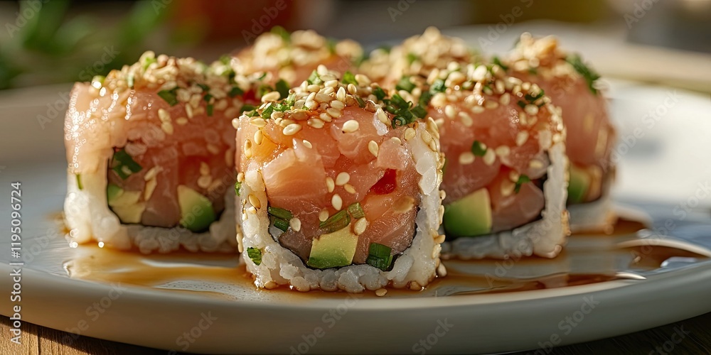 Closeup of a white plate displaying vibrant sushi rolls filled with salmon tartare and topped with sesame seeds against a blurred background. Closeup of a white plate displaying vibrant sushi rolls filled with salmon tartare and topped with sesame seeds against a blurred background.